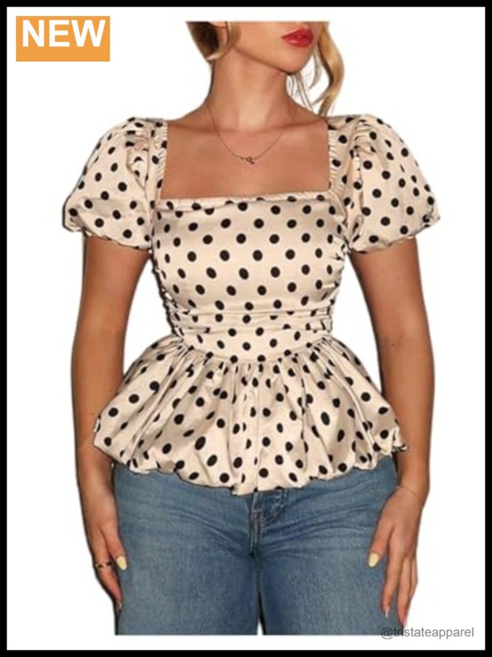 Satin Puff Sleeve Peplum Blouse Polka Dot Crop Top for Women